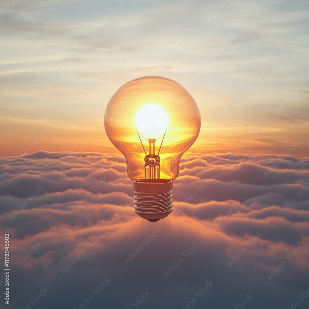 Stunning sunset backdrop illuminating a light bulb floating above the clouds during twilight Stunning sunset backdrop illuminating a light bulb floating above the clouds during twilight