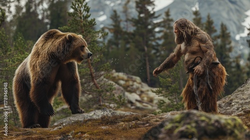 Grizzly bear standing and ready to fight a trapper against the background of the Norwegian mountains. photo