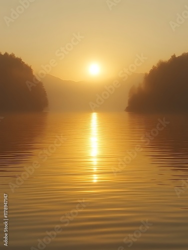 Golden sunrise over calm lake with misty shores.