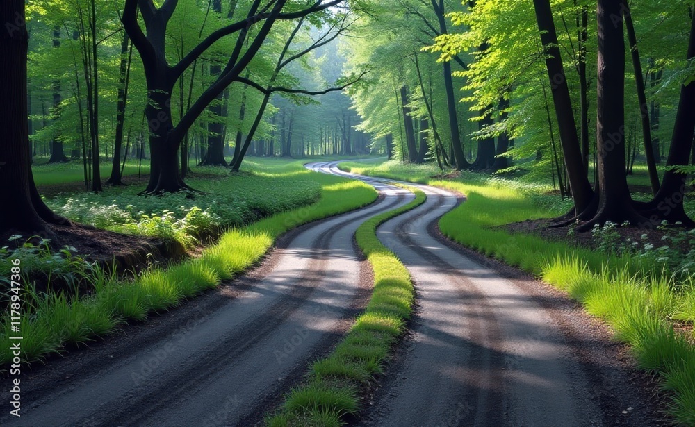 Obraz premium A winding dirt road through a lush green forest bathed in sunlight.