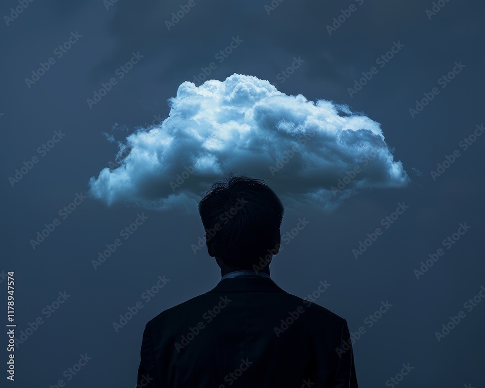 Dark cloud above head on engineer. Isolated on blue background with clear, empty, copy space. A surreal burnout concept, depiction of a person with a cloud above their head, symbolizing thoughts, idea Dark cloud above head on engineer. Isolated on blue background with clear, empty, copy space. A surreal burnout concept, depiction of a person with a cloud above their head, symbolizing thoughts, idea