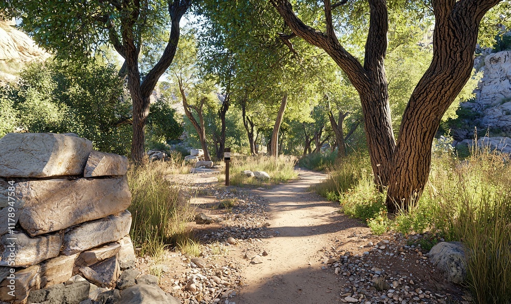 Sunlit path through desert oasis, trees, rocks, for travel or nature publications. Sunlit path through desert oasis, trees, rocks, for travel or nature publications.