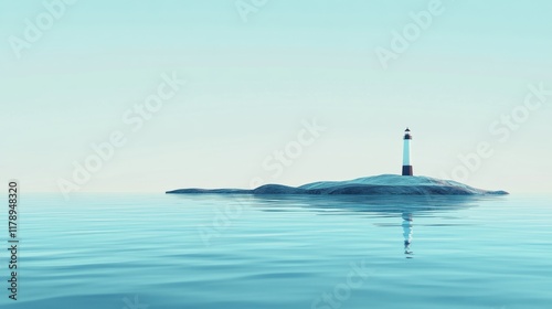 Lighthouse on Distant Island Overlooking Calm Ocean, tranquil waters, distant shore, soft waves, peaceful seascape, maritime solitude photo