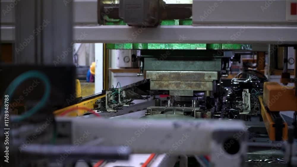 Close up view of a large hydraulic transfer press line shaping metal parts in a factory. Close up view of a large hydraulic transfer press line shaping metal parts in a factory.