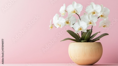 Wallpaper Mural White orchid flowers blooming in a simple wooden pot, positioned against a subtle pastel pink background. Torontodigital.ca