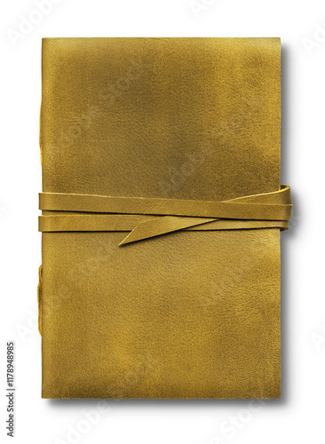 Old worn yellow leather notebook isolated on transparent background