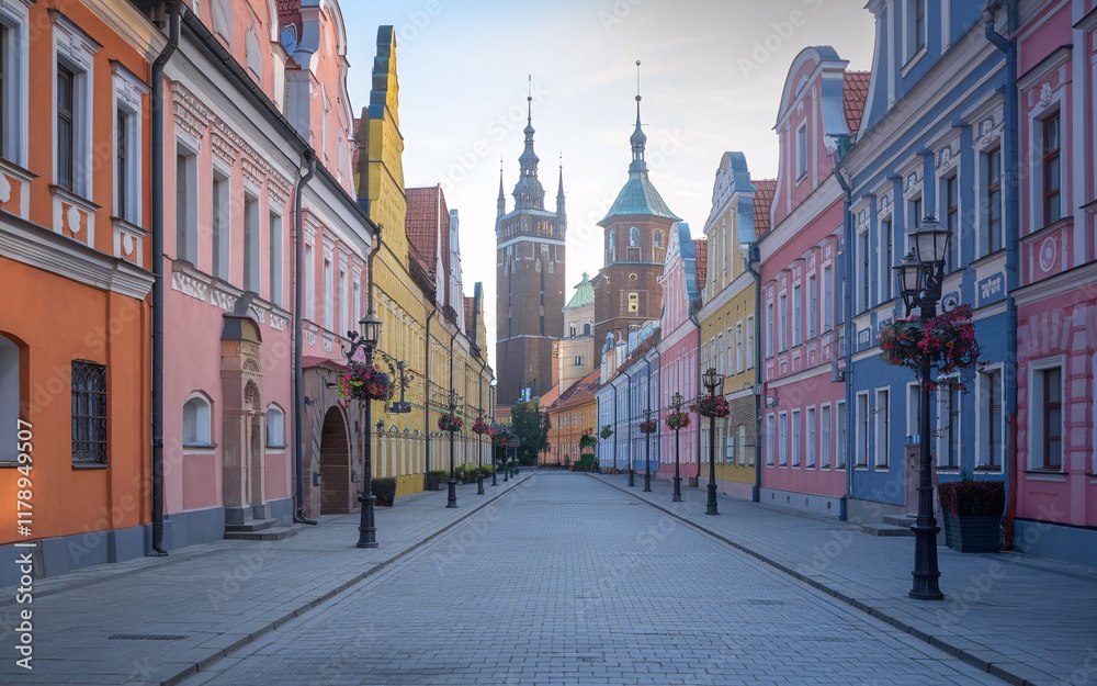 Naklejka premium Historic Street in Poznań, Poland colorful Renaissance-style buildings