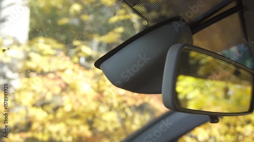 Close-up of interior rear view mirror against yellow leaves background
