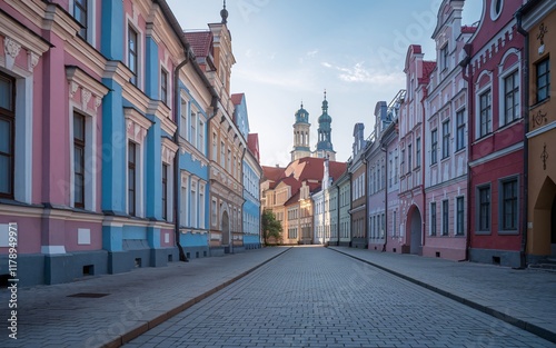 Historic Street in Poznań, Poland colorful Renaissance-style buildings