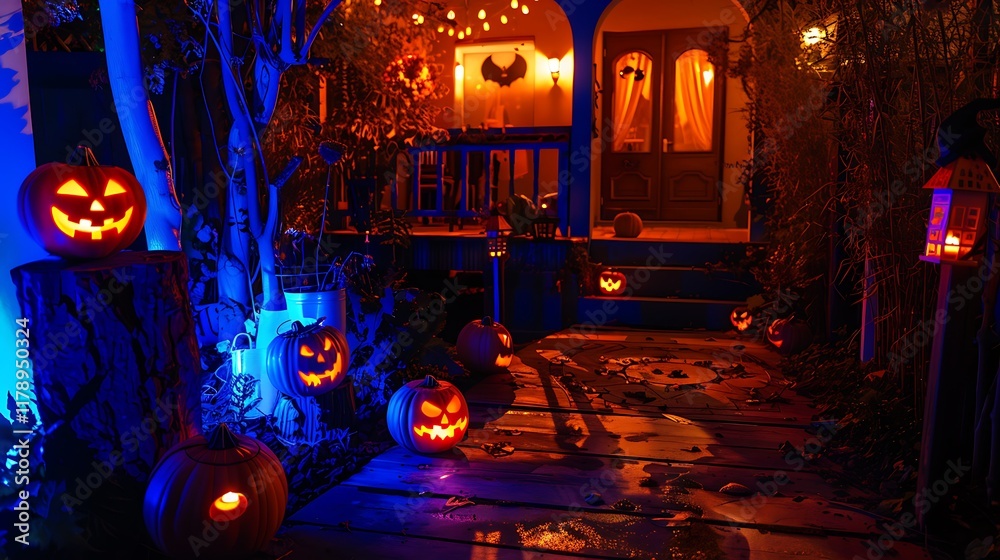 A spooky lighting setup in an open area enhances the spooky atmosphere of the evening of halloween A spooky lighting setup in an open area enhances the spooky atmosphere of the evening of halloween