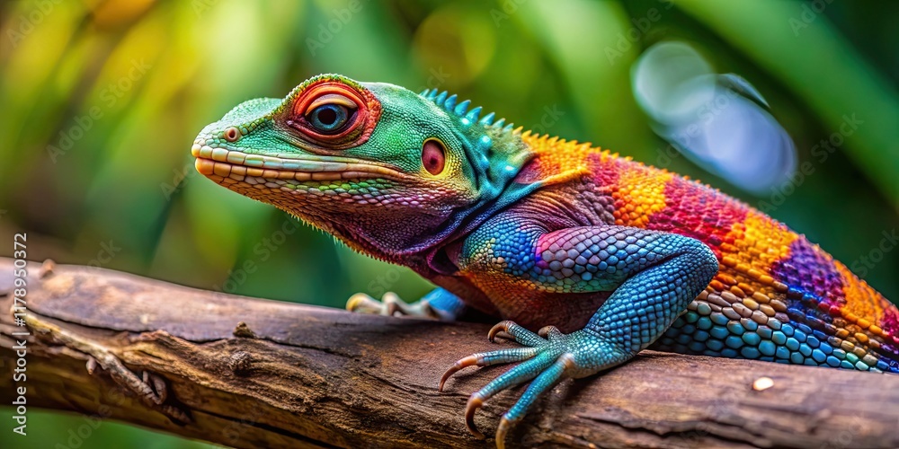 Obraz premium A close up of a colorful lizard camouflaged on a tree branch, lizard, reptile, tree, branch, camouflage, wildlife, nature