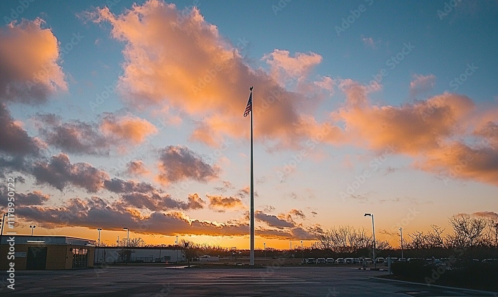 Obraz premium US flag at sunset over parking lot with colorful clouds.