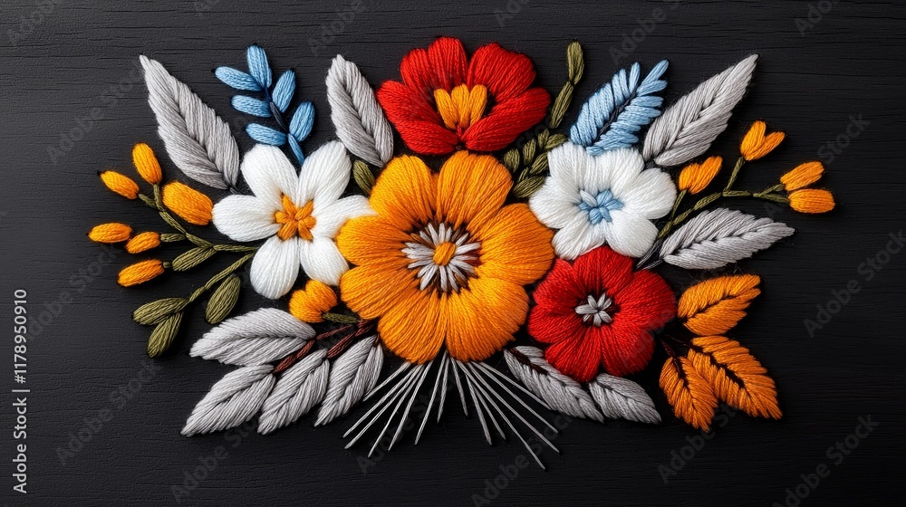 Obraz premium Vibrant Thread Embroidery Floral Bouquet Colorful Flowers Leaves on Black Background Needlework Art