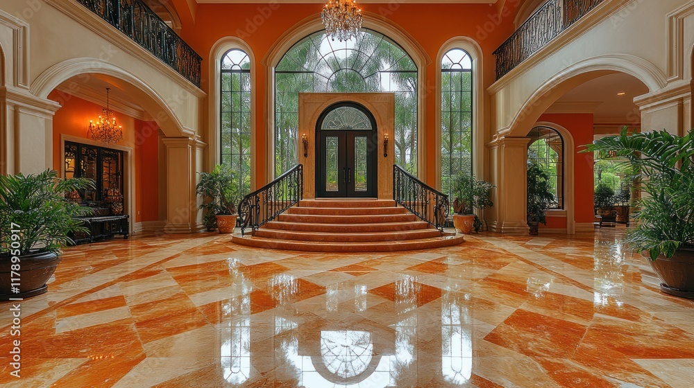 Obraz premium Elegant entryway with grand staircase and polished marble floors in a luxurious home.