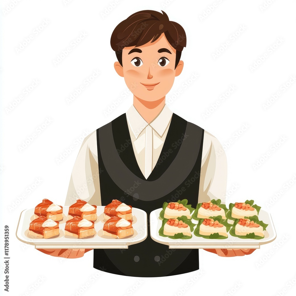 Smiling Waiter Serving Delicious Appetizers on Trays. Catering, Restaurant, Food Service Concept Smiling Waiter Serving Delicious Appetizers on Trays. Catering, Restaurant, Food Service Concept