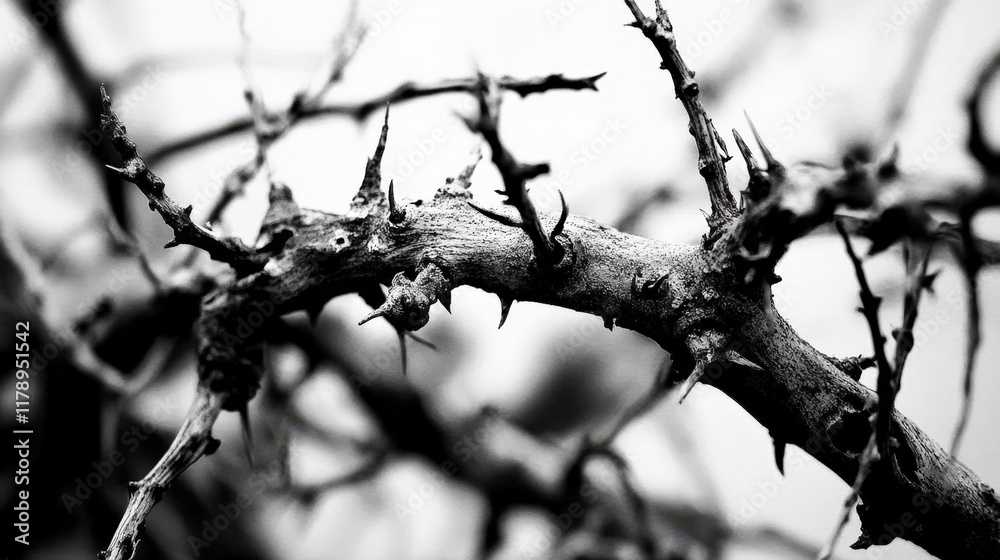 A close-up image of a thorny branch emphasizes intricate textures and stark contrasts, Ideal for themes of nature, resilience, or danger in design projects, blogs, or educational materials, A close-up image of a thorny branch emphasizes intricate textures and stark contrasts, Ideal for themes of nature, resilience, or danger in design projects, blogs, or educational materials,