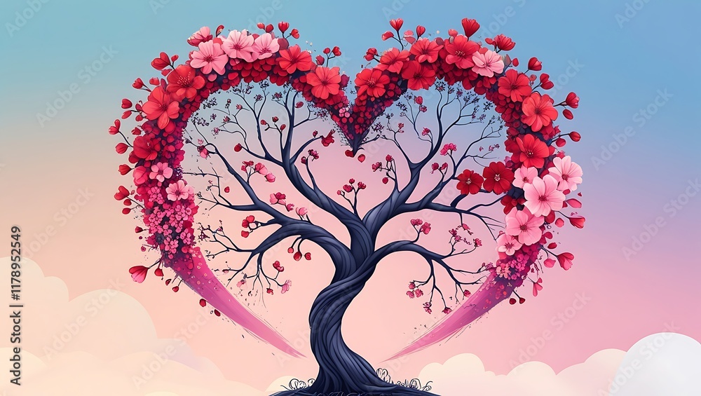 Fototapeta premium Heart-shaped tree with vibrant pink and red flowers, symbolizing love and romance, set against a serene pastel sky, perfect for Valentine's Day themes and romantic occasions