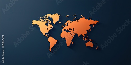 Fototapeta Naklejka Na Ścianę i Meble -  A stylized world map in orange tones on a dark background, representing global connectivity and geographical awareness.