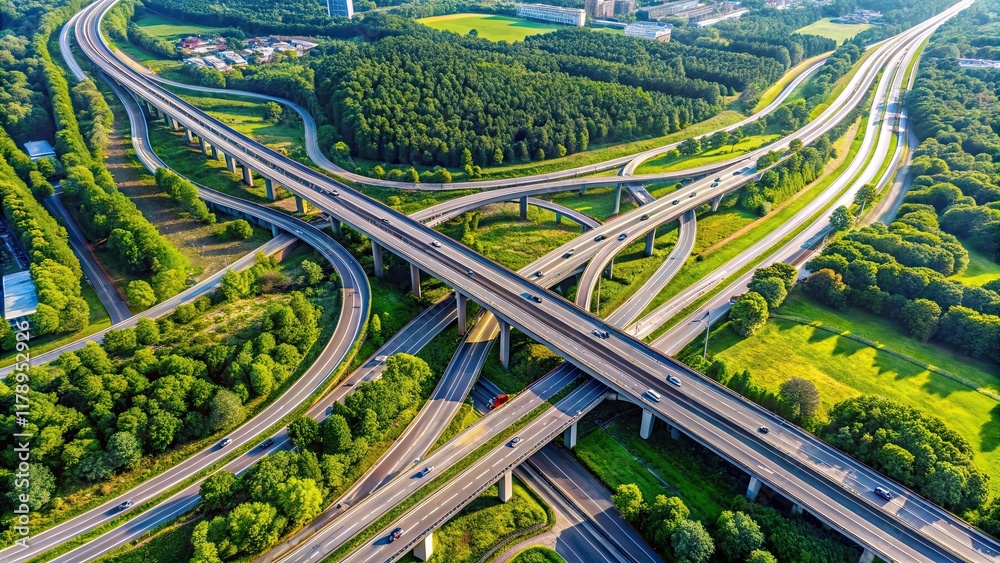 Aerial view of complex highway interchange surrounded by lush greenery in daylight, highway, interchange Aerial view of complex highway interchange surrounded by lush greenery in daylight, highway, interchange