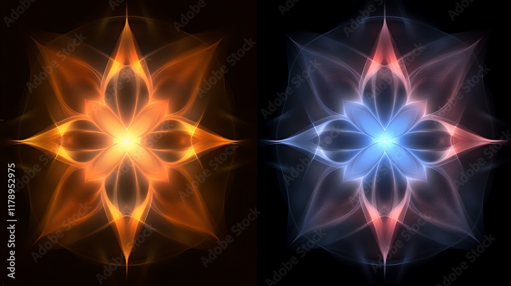 Obraz premium Abstract Glowing Floral Designs in Orange and Blue Hues