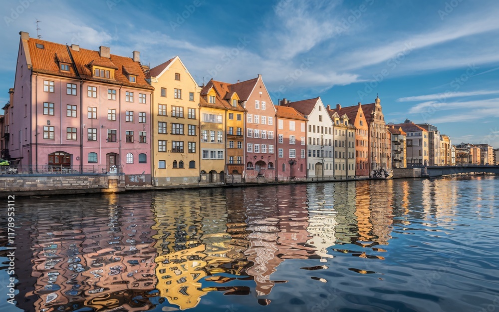 Fototapeta premium Gdansk Waterfront, Poland Colorful houses reflected in calm river water under a blue sky.