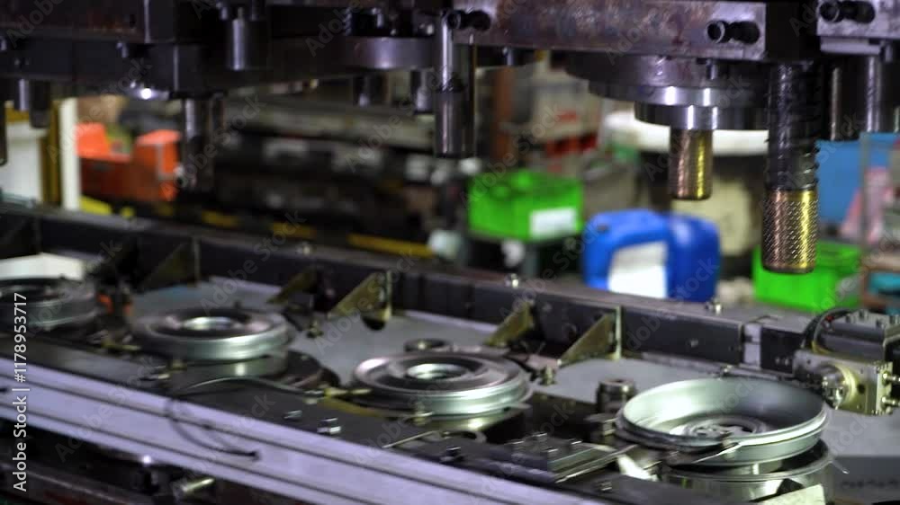 Close up view of a large hydraulic transfer press line shaping metal parts in a factory. Close up view of a large hydraulic transfer press line shaping metal parts in a factory.