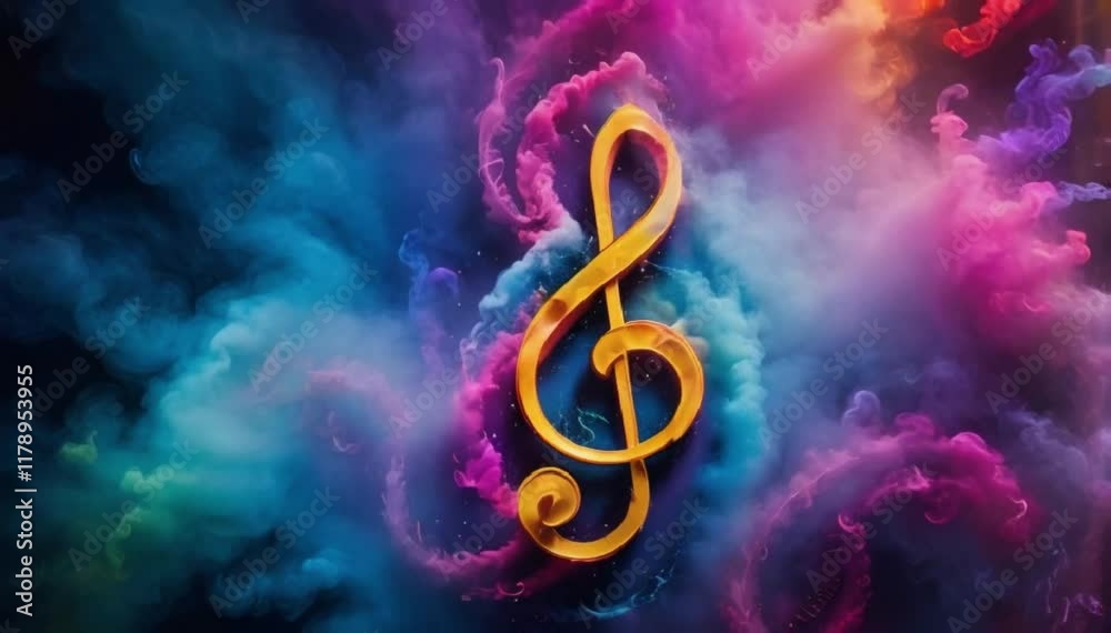 Abstract floating treble clef in a vibrant, swirling mist of neon colors and particles.