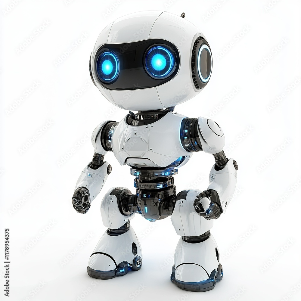 White robot crouching on white background, ready for action, ideal for tech projects. White robot crouching on white background, ready for action, ideal for tech projects.