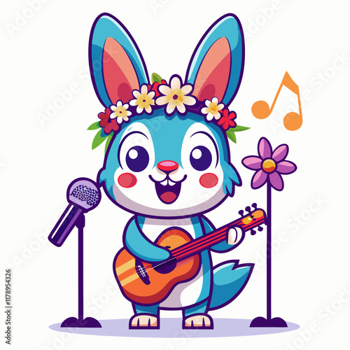 Cheerful Cartoon Rabbit Singing and Playing Guitar - Fun and Whimsical Character Illustration