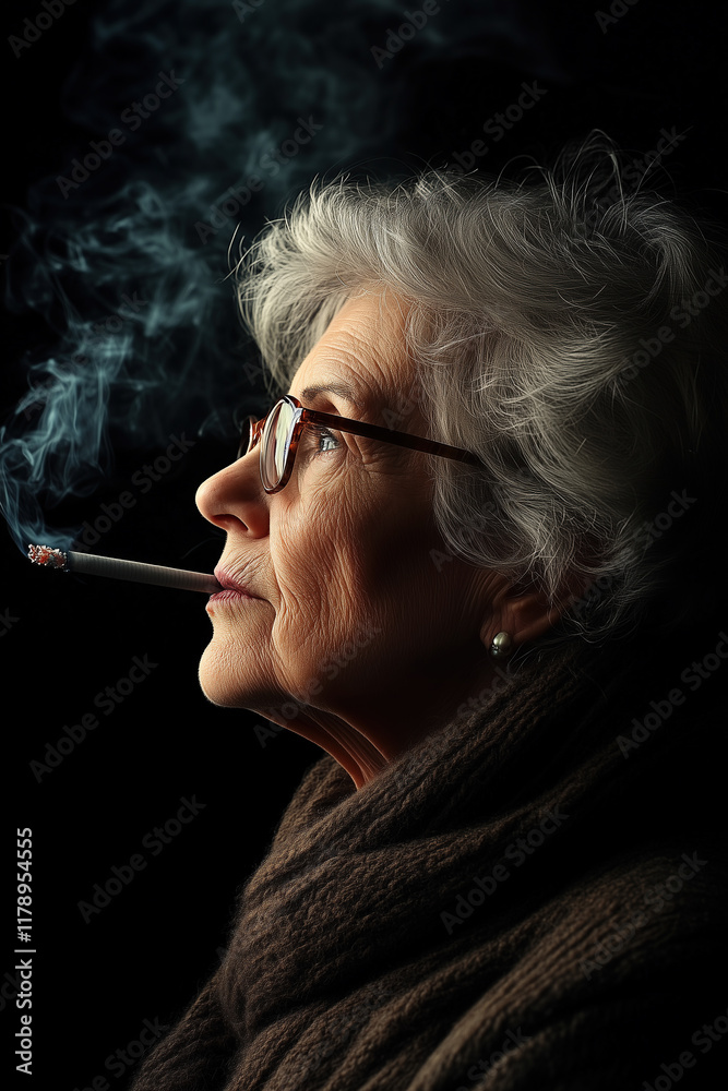 Obraz premium Cigarettes and Consequences: Senior Woman Facing the Effects of Smoking