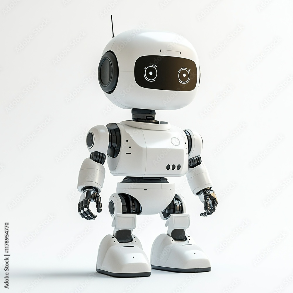 White robot standing on white background, futuristic technology concept. White robot standing on white background, futuristic technology concept.