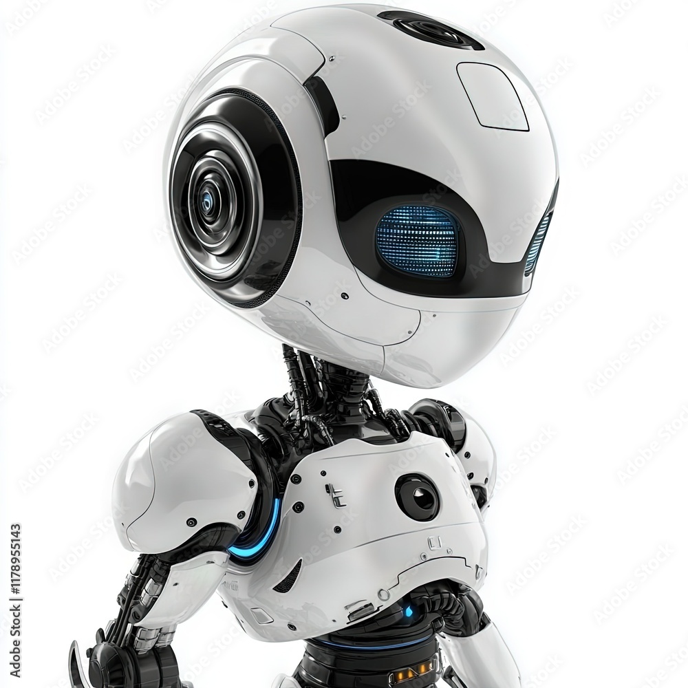 White robot with large eyes and round head on plain background. White robot with large eyes and round head on plain background.
