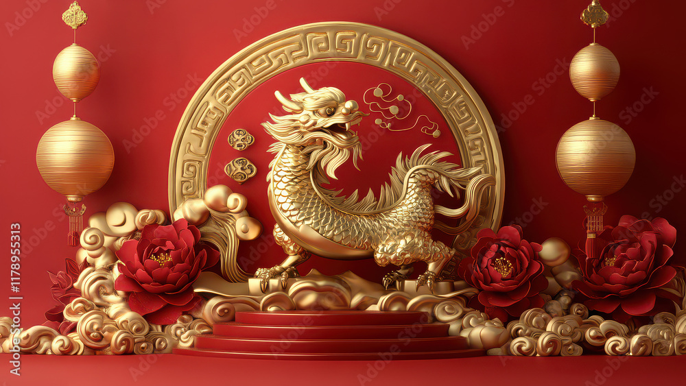 Chinese New Year festive red background with oriental ornaments, red lanterns, a gold dragon, blooming flowers, and oranges. Chinese New Year festive red background with oriental ornaments, red lanterns, a gold dragon, blooming flowers, and oranges.