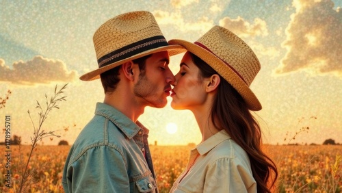 Young couple kissing in a wheat field at sunset. banner about love. postcard