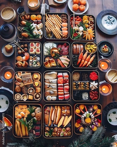 Assorted Japanese New Years Cuisine In Festive Boxes photo
