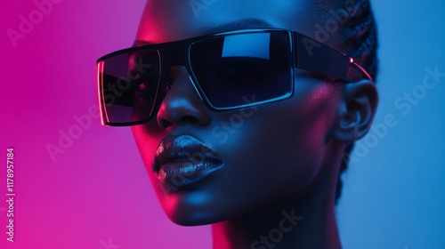 Closeup of stylish woman with sleek sunglasses in vibrant neon lighting photo