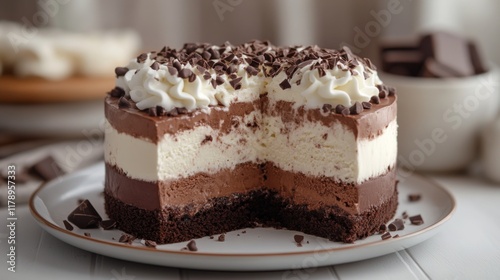 Closeup of tiramisu dessert with chocolate and cream layers photo