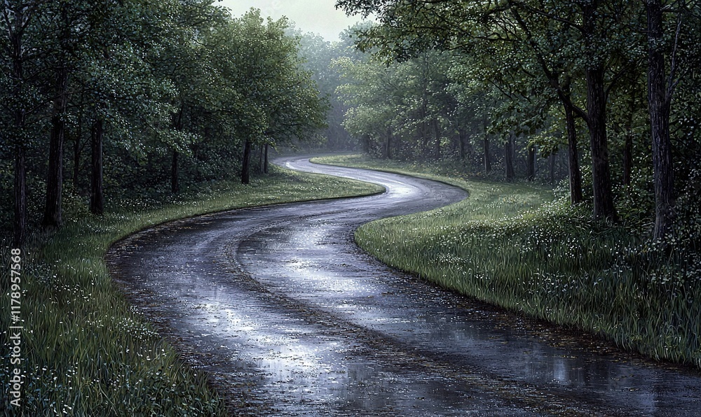 Fototapeta premium Winding rainy road through a lush green forest, ideal for travel or nature themes.