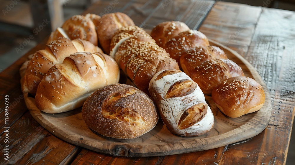 A variety of breads on a platter of wood A variety of breads on a platter of wood