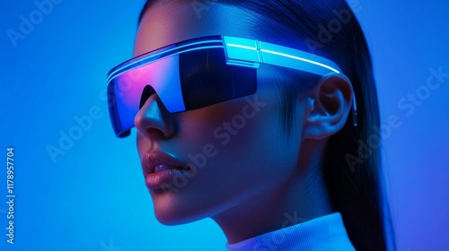 Stylish woman with oversized futuristic sunglasses and glowing neon highlights photo