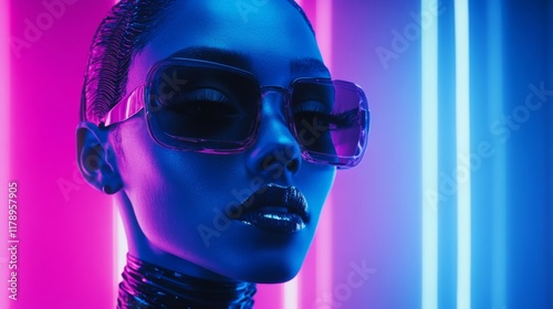 Portrait of stylish woman with futuristic glasses in glowing pink hues photo