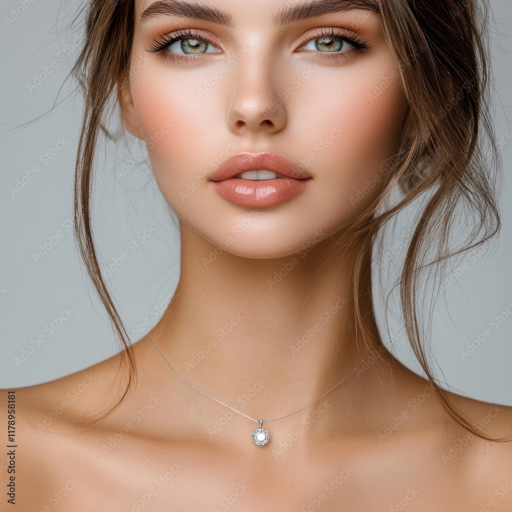 Portrait of a young woman with striking features and delicate jewelry, showcasing natural beauty and elegance Portrait of a young woman with striking features and delicate jewelry, showcasing natural beauty and elegance