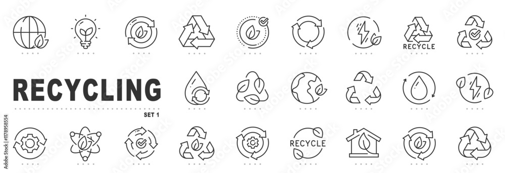 Set of recycling related line icons. Eco, save, reduce, reuse etc. Editable stroke. Set of recycling related line icons. Eco, save, reduce, reuse etc. Editable stroke.