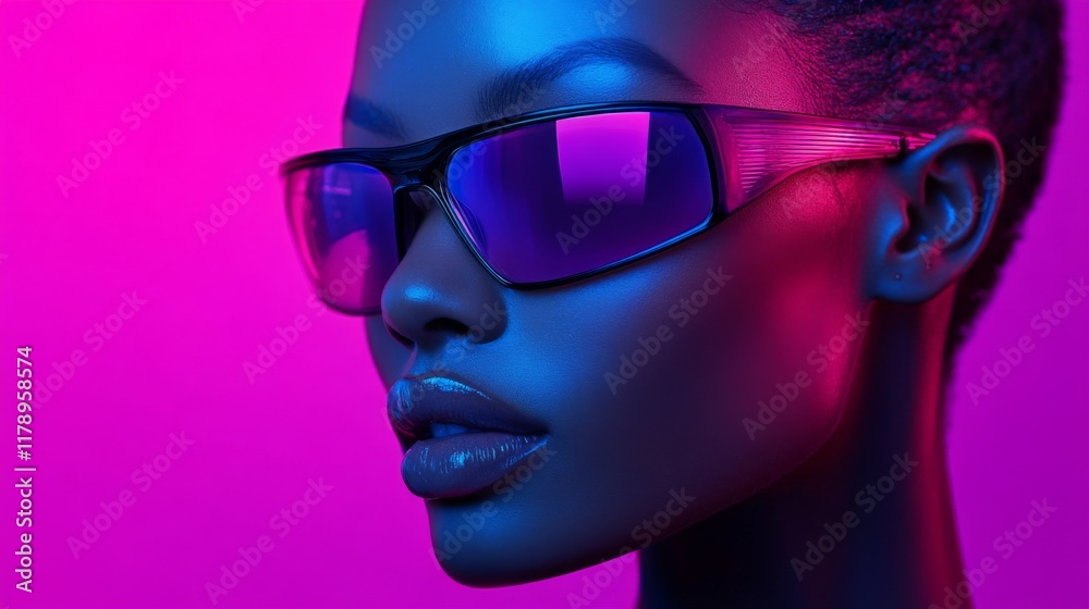 Portrait of a woman wearing purple futuristic glasses in neon lighting Portrait of a woman wearing purple futuristic glasses in neon lighting