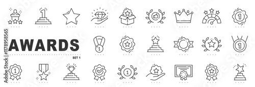 Set of award related line icons. Medal, reward, prize, trophy etc. Editable stroke.