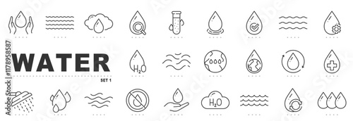 Set of water related line icons. Droplet, cloud, H2O etc. Editable stroke.