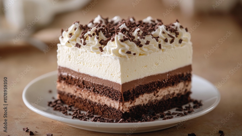 Chocolate layered cake with creamy frosting and sprinkles on a plate Chocolate layered cake with creamy frosting and sprinkles on a plate