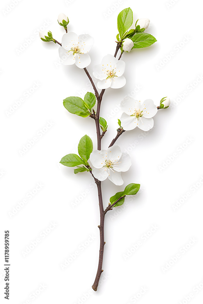 Obraz premium Branches with white spring flowers isolated, on a white background.