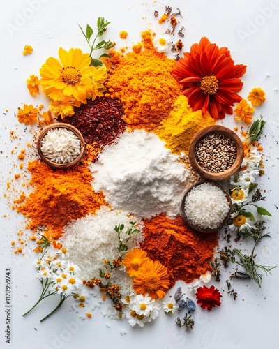 Vibrant Spices Rice and Flour with Blooming Flowers Culinary Still Life Photography