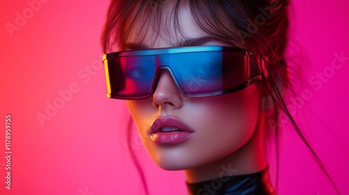 Fashion model with futuristic red sunglasses and vibrant lighting